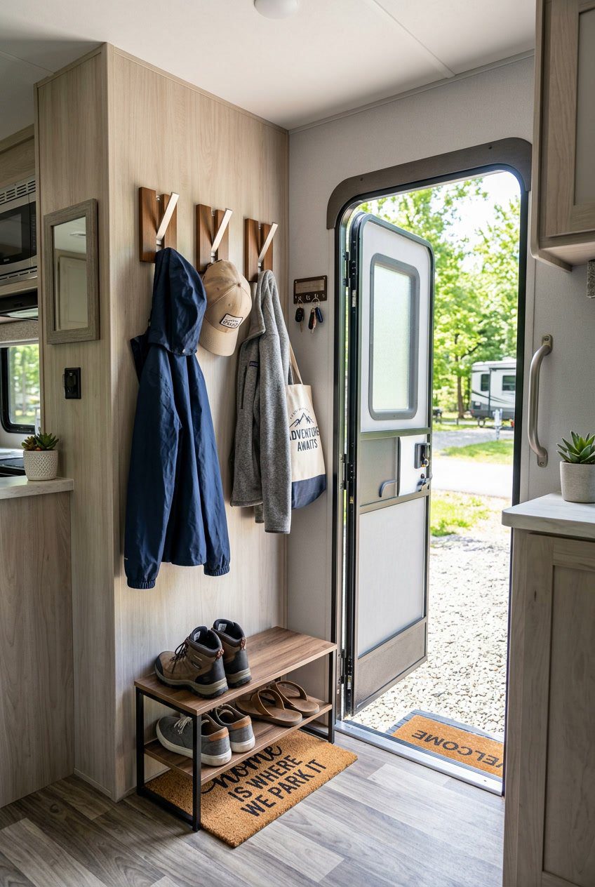 An RV entryway with flip-down coat hooks holding coats and bags, a small shoe rack below, and the door open to the outside.