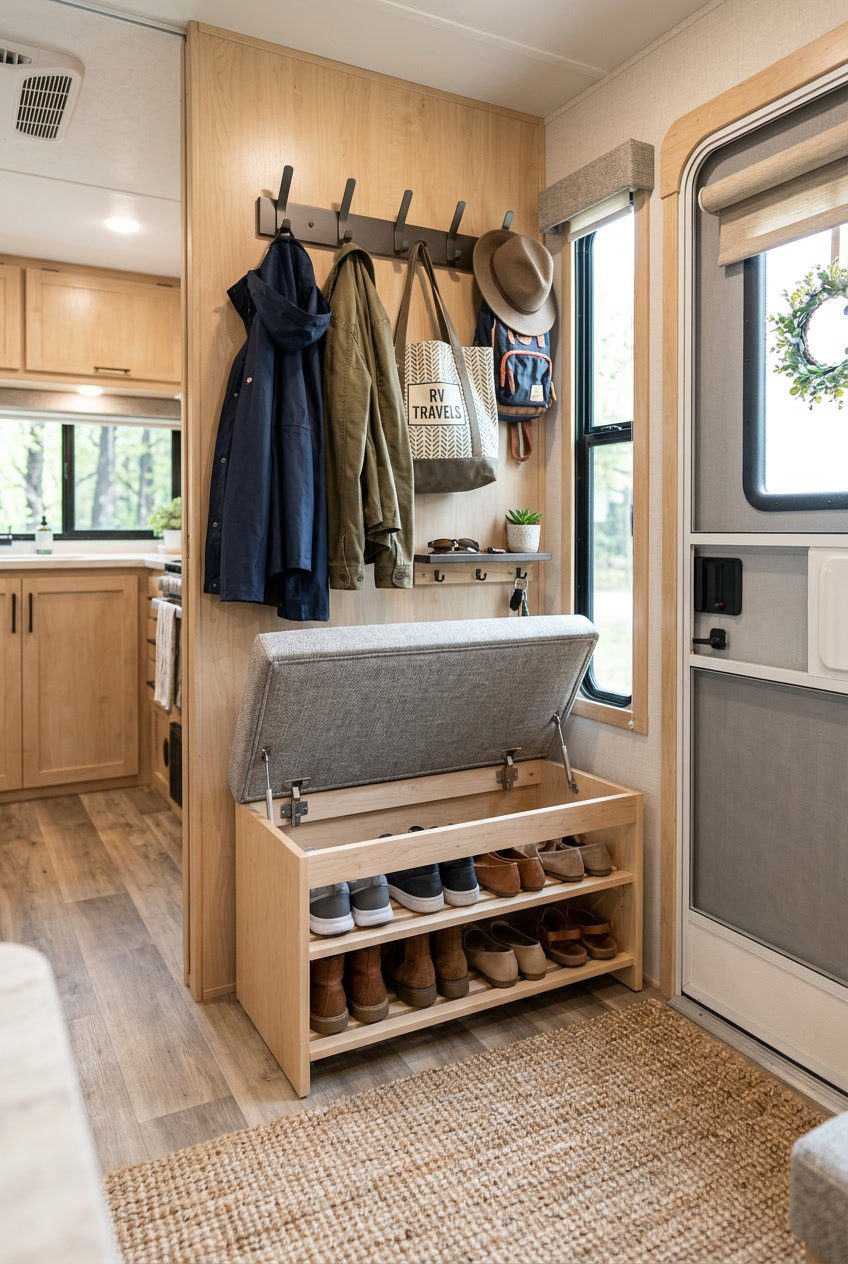 An RV entryway with a shoe storage ottoman open to show shoes inside, coats and bags hanging on hooks nearby.