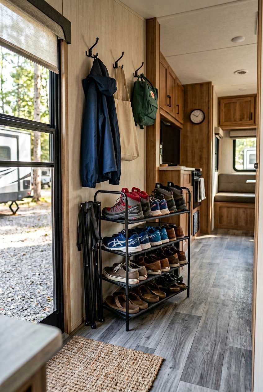 A portable foldable shoe rack holding shoes in an organized RV entryway with coats and bags nearby.