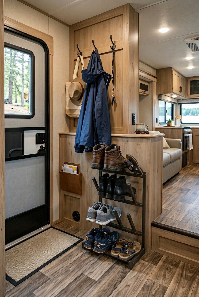 An RV entryway with vertically stacked boot shapers holding shoes, alongside coats and bags neatly stored.