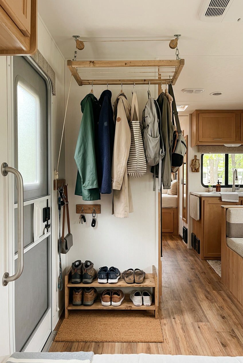 An organized RV entryway with a ceiling-mounted pulley drying rack holding clothes and bags, and shoes neatly arranged on the floor.