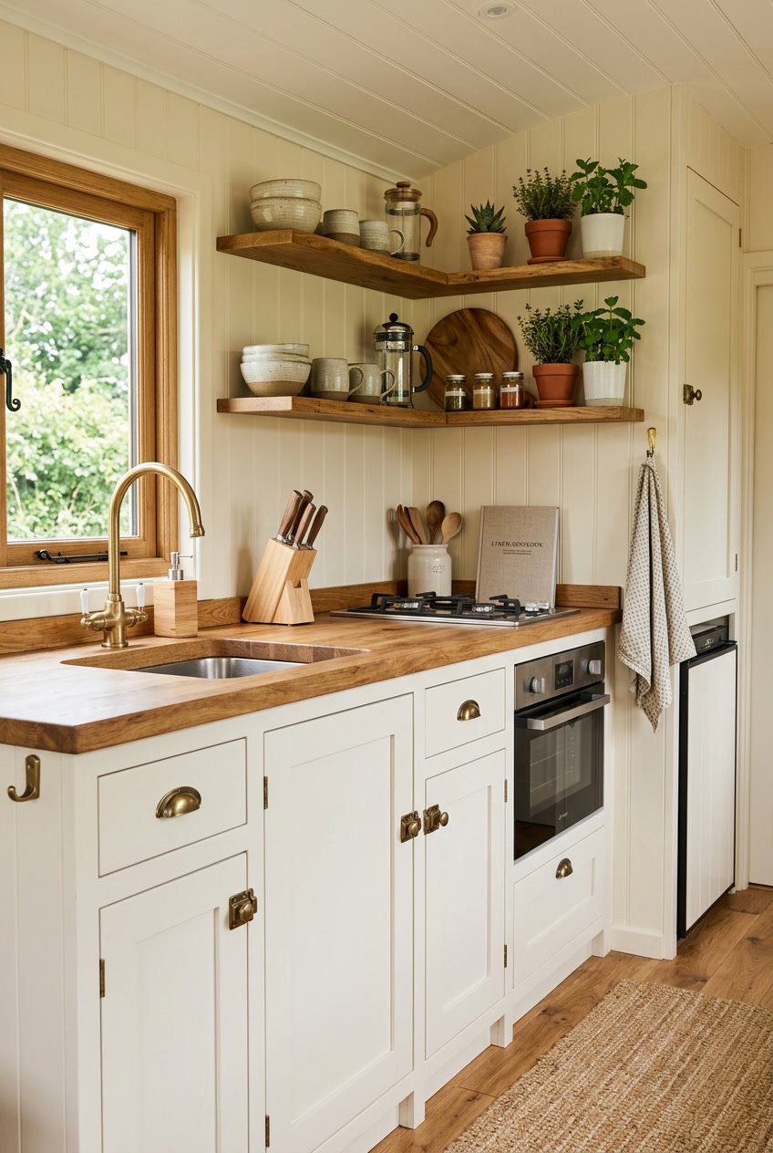 Interior of an RV kitchen with white painted cabinets, wooden countertops, a small sink, open shelves with kitchen items, and natural light filling the space.