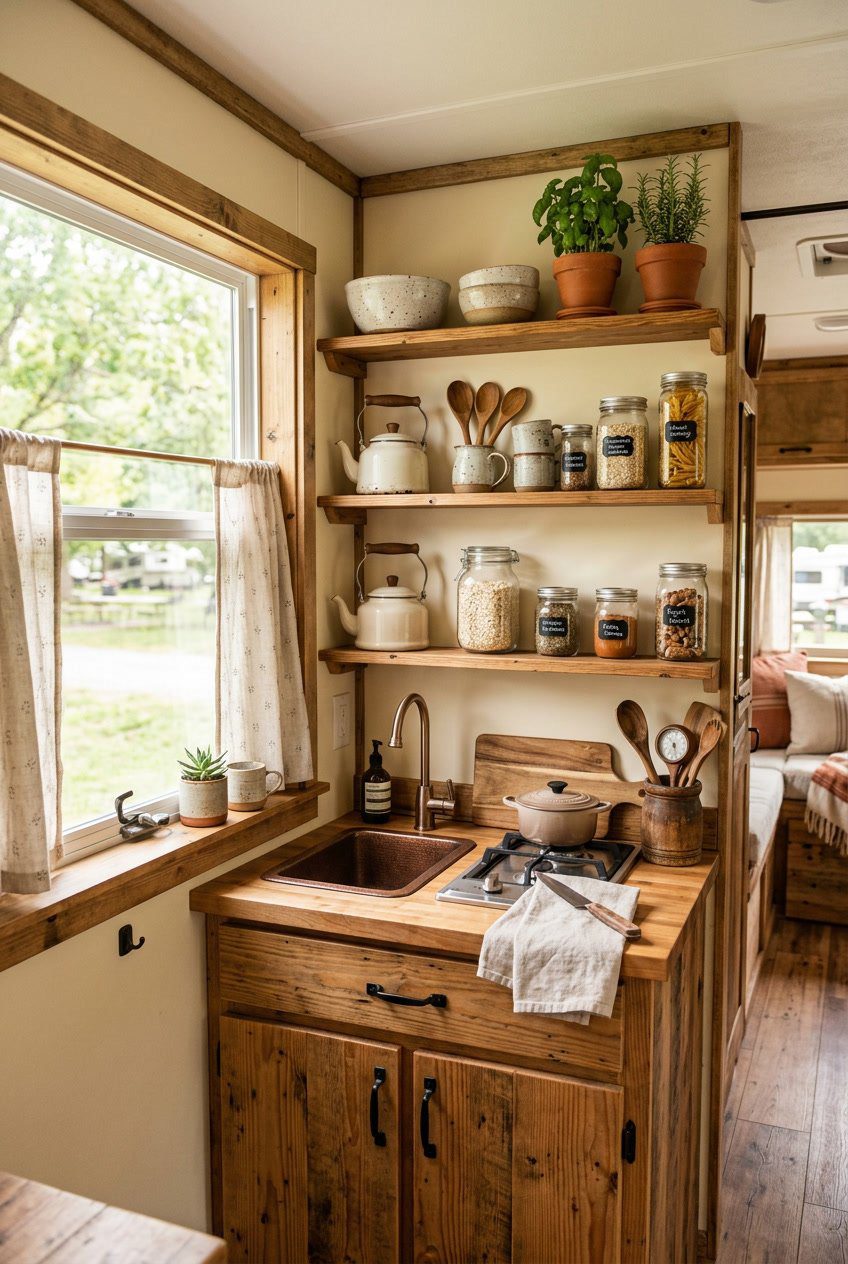 Interior of an RV kitchen with open wooden shelves displaying kitchenware and plants, a countertop, and a window letting in natural light.