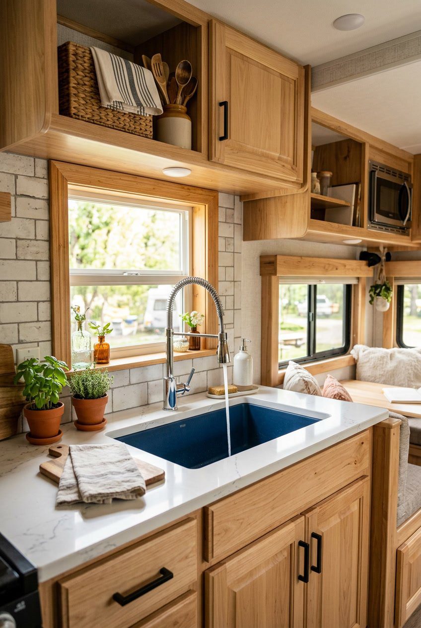 An RV kitchen with a deep blue sink installed under a window, surrounded by wooden cabinets and kitchen accessories.