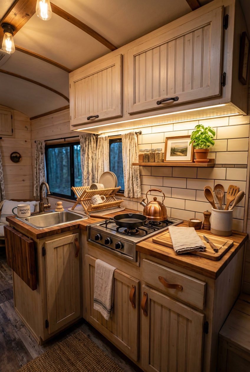 Interior of an RV kitchen with warm under-cabinet LED lighting illuminating wooden cabinets and a small stovetop.