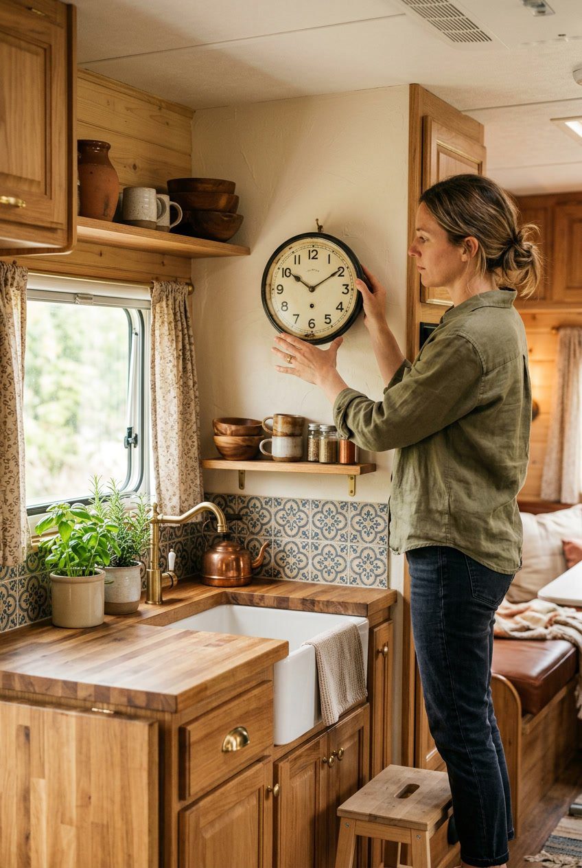Person hanging a vintage wall clock on the wall in a cozy RV kitchen with wooden cabinets and natural light.