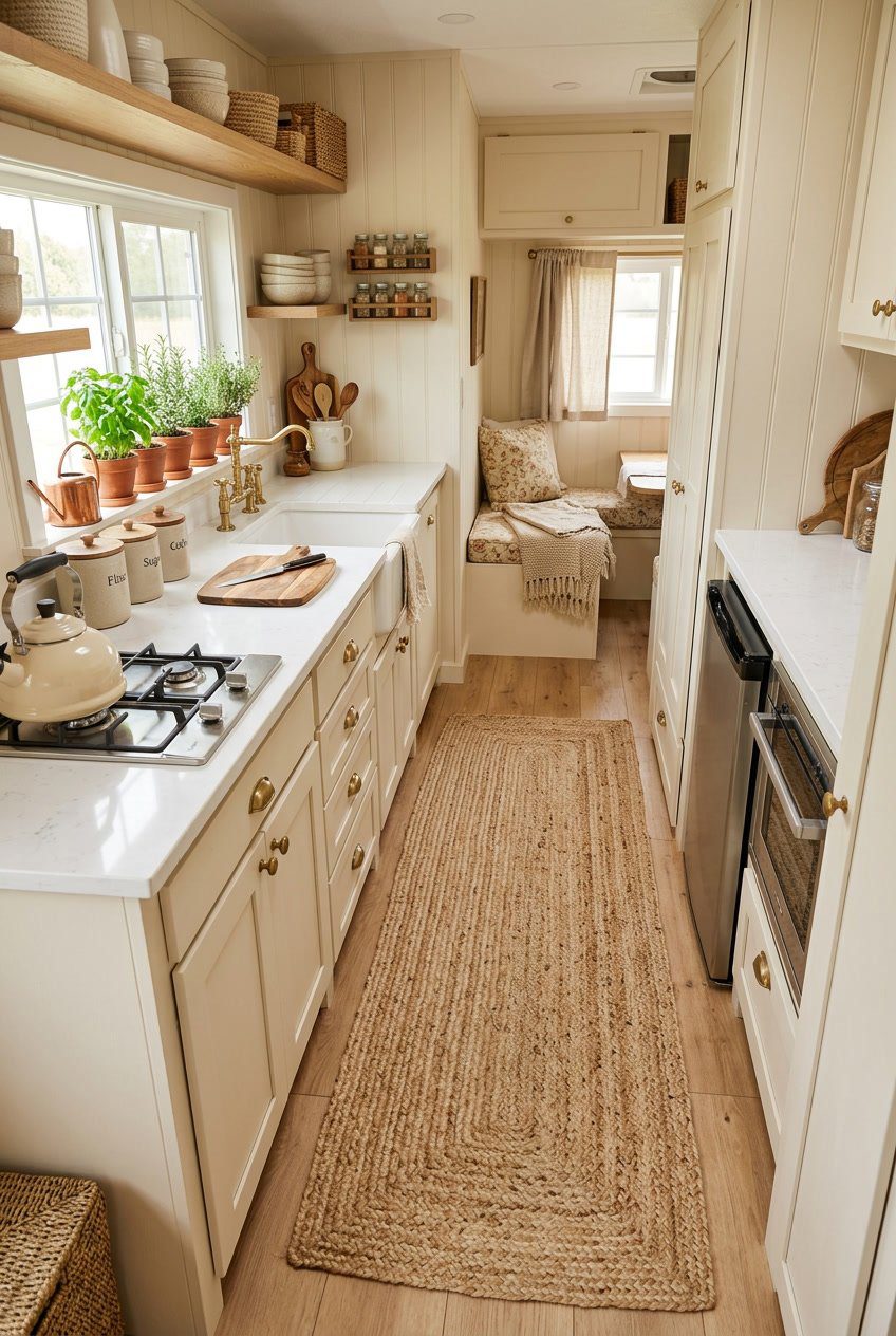 Interior of an RV kitchen with a braided jute rug runner on the floor, wooden cabinets, and kitchen accessories.