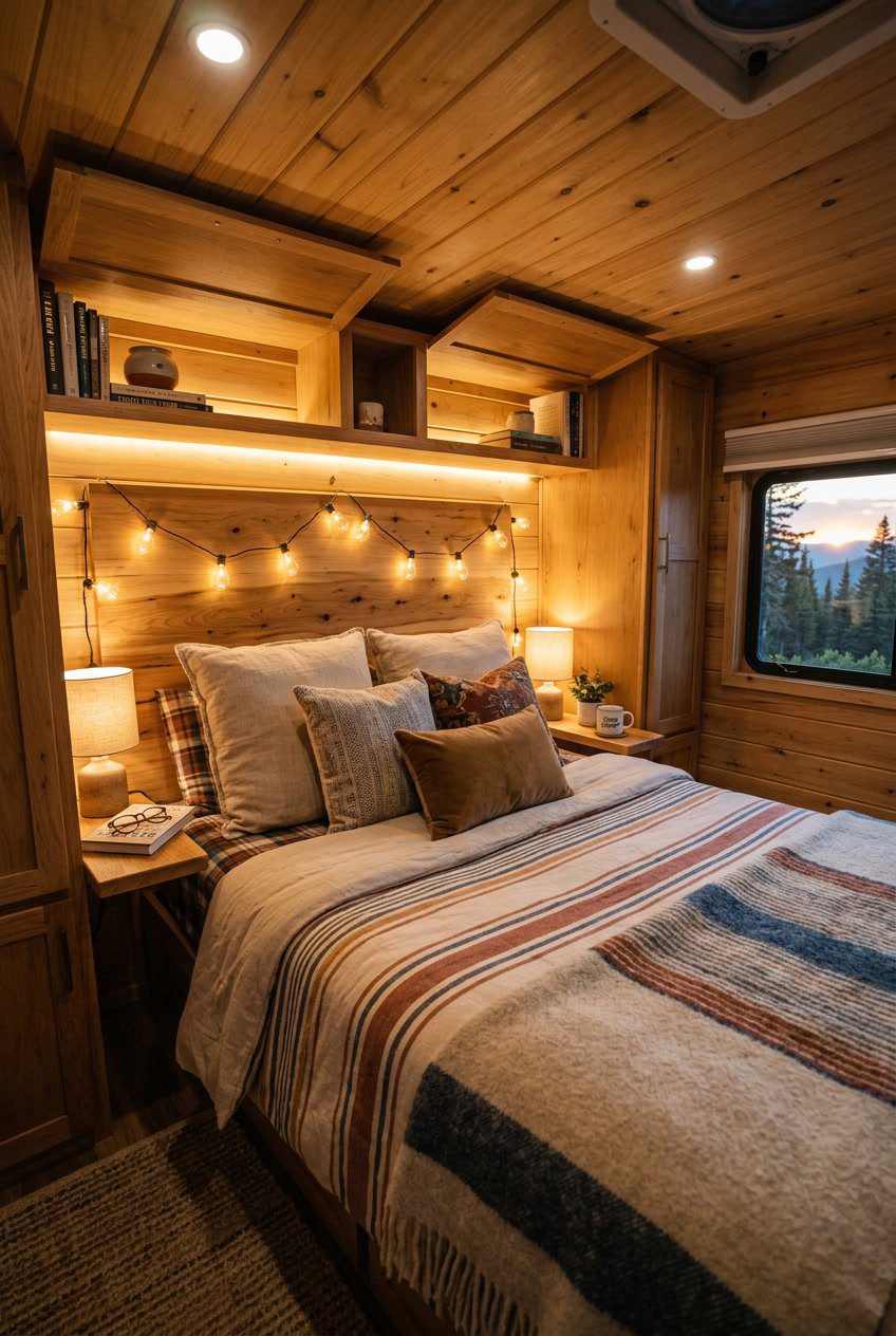 Interior of an RV bedroom with a neatly made bed and various warm light sources creating a cozy atmosphere.