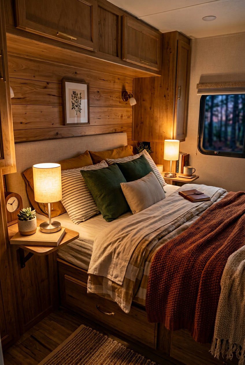 Cozy RV bedroom with a neatly made bed and two battery-operated touch bedside lamps emitting warm light on either side.