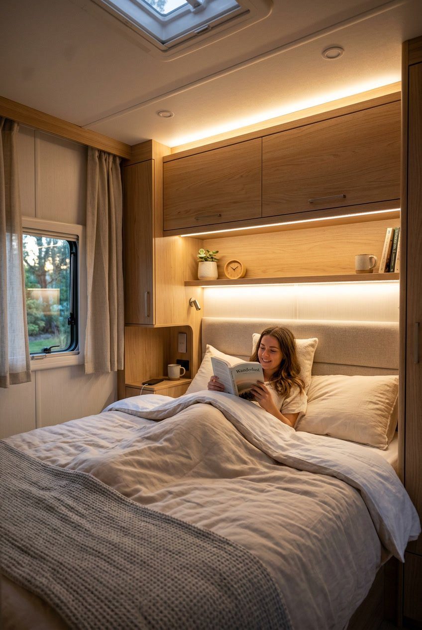 RV bedroom with soft white LED strip lights under wooden cabinets above the bed, creating a warm and cozy atmosphere.