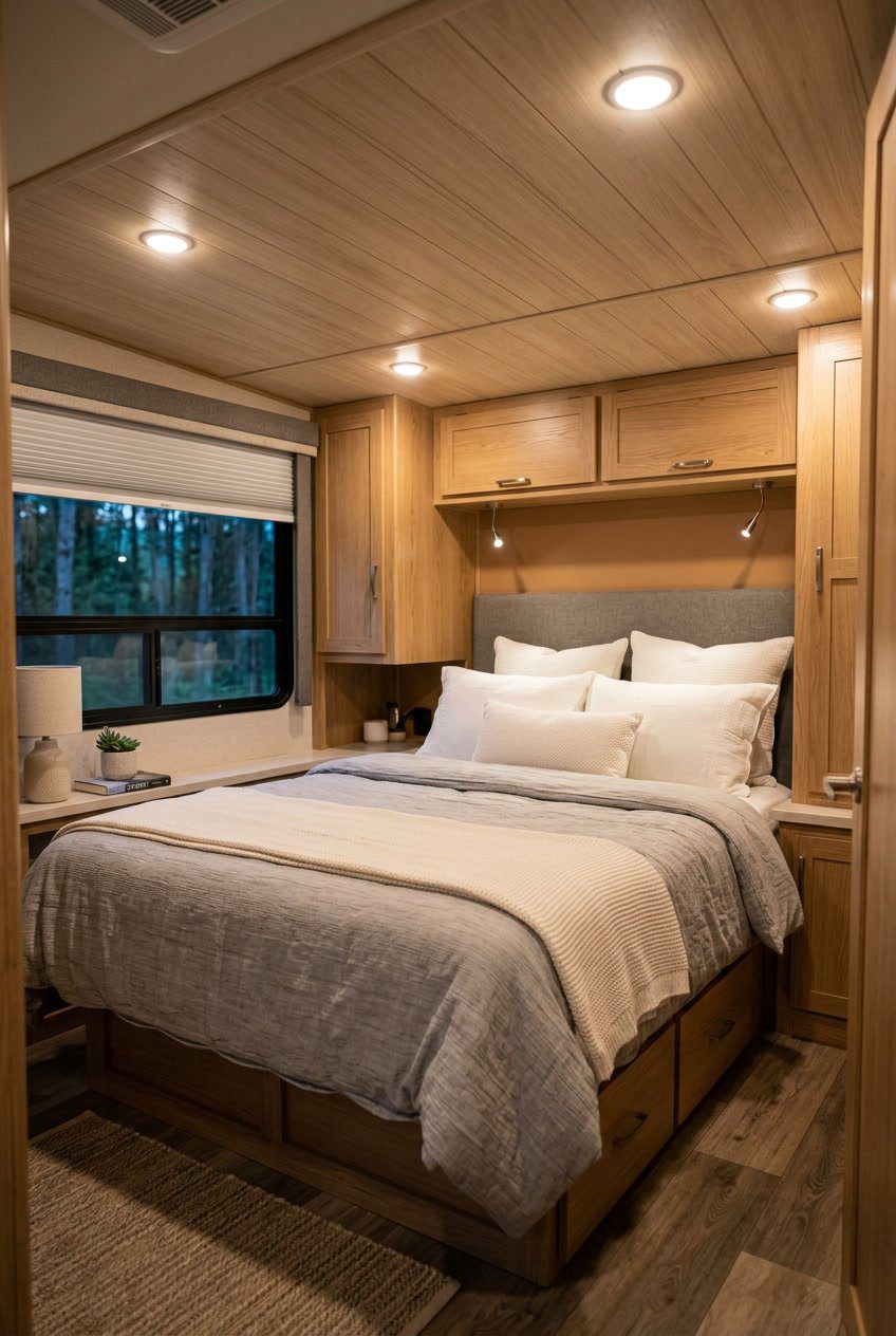 Interior of an RV bedroom with a neatly made bed and recessed ceiling LED lights providing warm illumination.