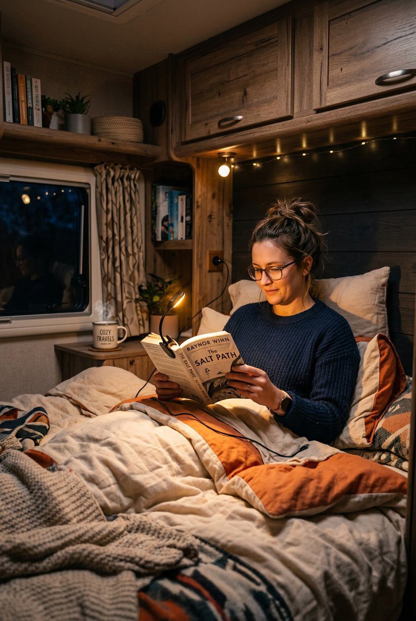 A cozy RV bedroom at night with a bed lit by a small USB-powered book light clipped to a book.