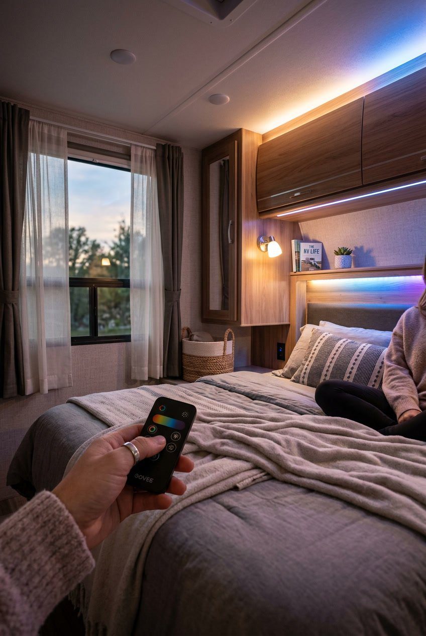 Interior of an RV bedroom lit by adjustable color LED strip lights with a person holding a remote control.