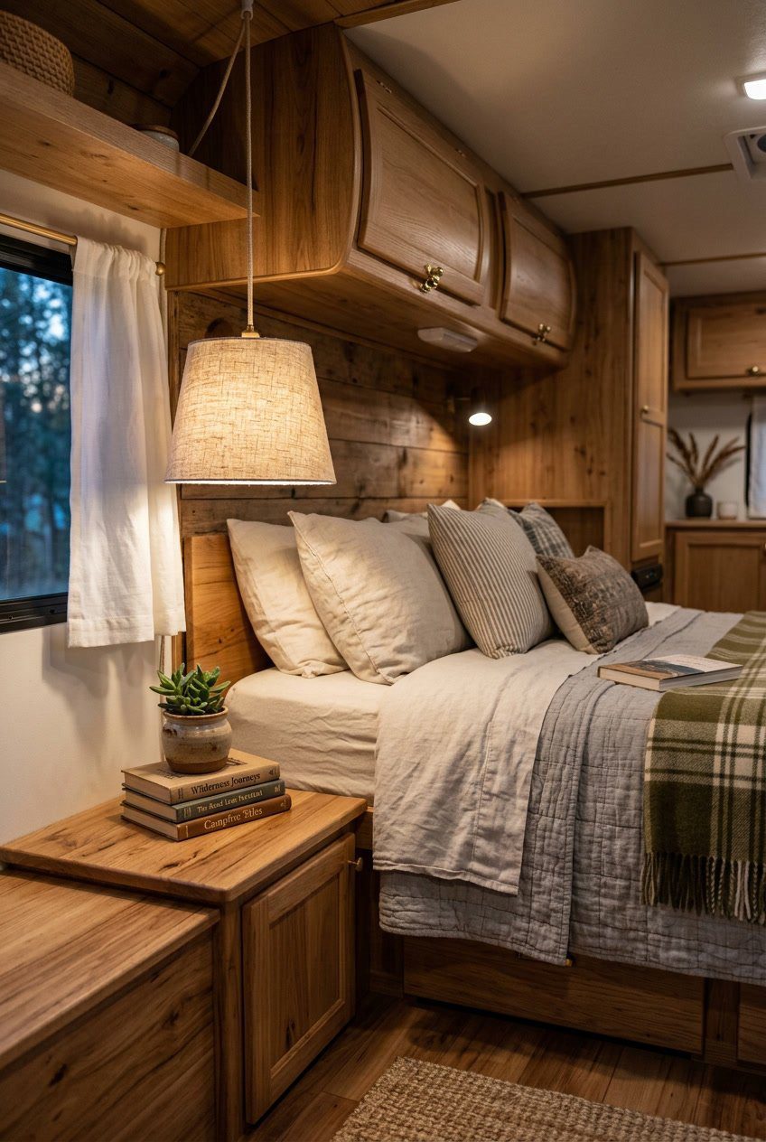 A fabric-covered pendant light hanging over a nightstand next to a bed inside an RV bedroom.