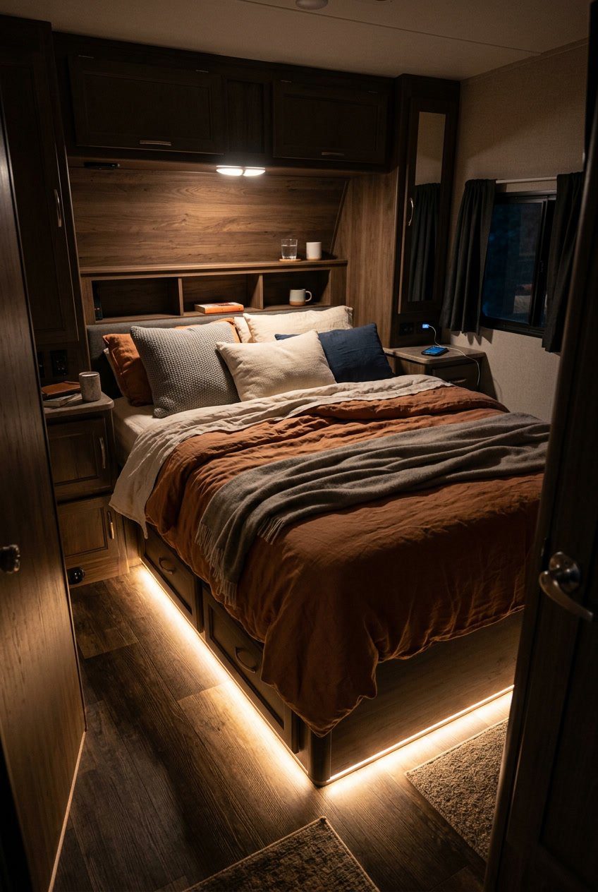 Cozy RV bedroom at night with motion-activated nightlights glowing softly along the floor, illuminating the sleeping area.