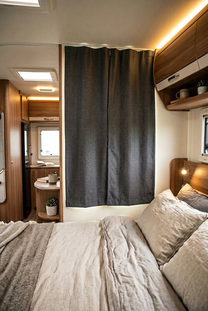 Cozy RV bedroom with a blackout curtain panel closed over a window, showing a comfortable sleeping area inside a recreational vehicle.