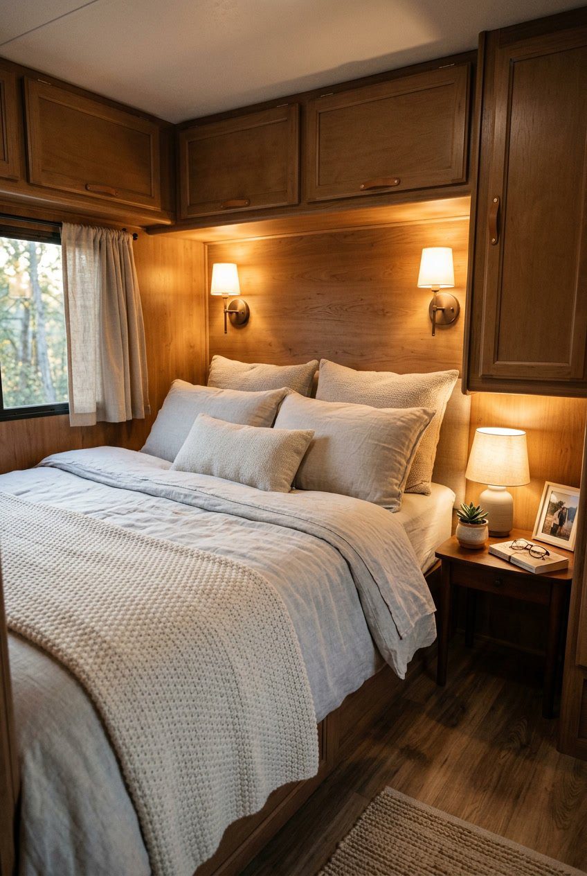 Cozy RV bedroom with a bed featuring a memory foam mattress topper and warm ambient lighting creating a comfortable sleep space.