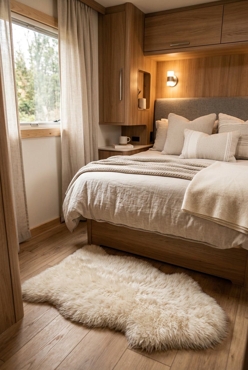 A cozy RV bedroom with a faux sheepskin rug beside a neatly made bed illuminated by warm ambient lighting.