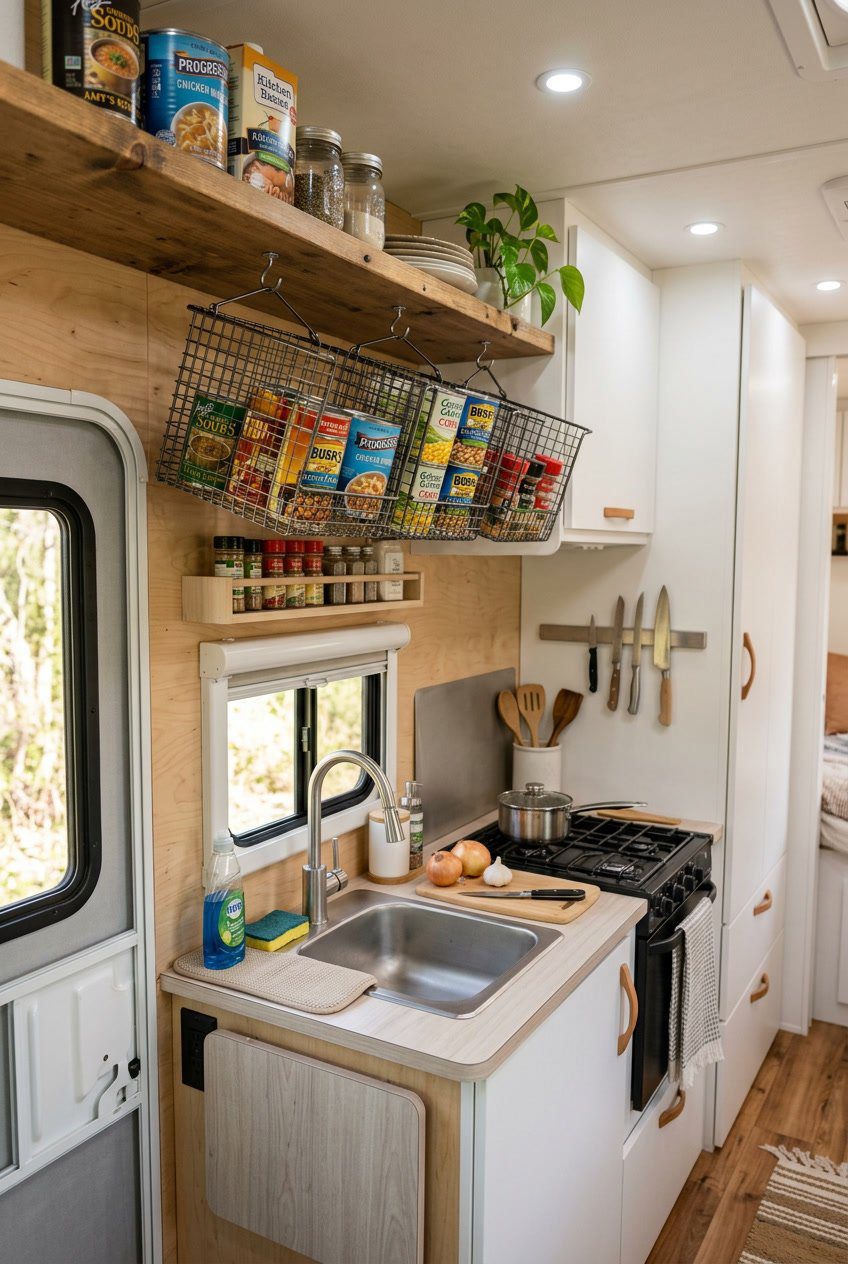 A small RV kitchen with under-shelf hanging baskets holding canned goods, showing an organized and compact cooking area.