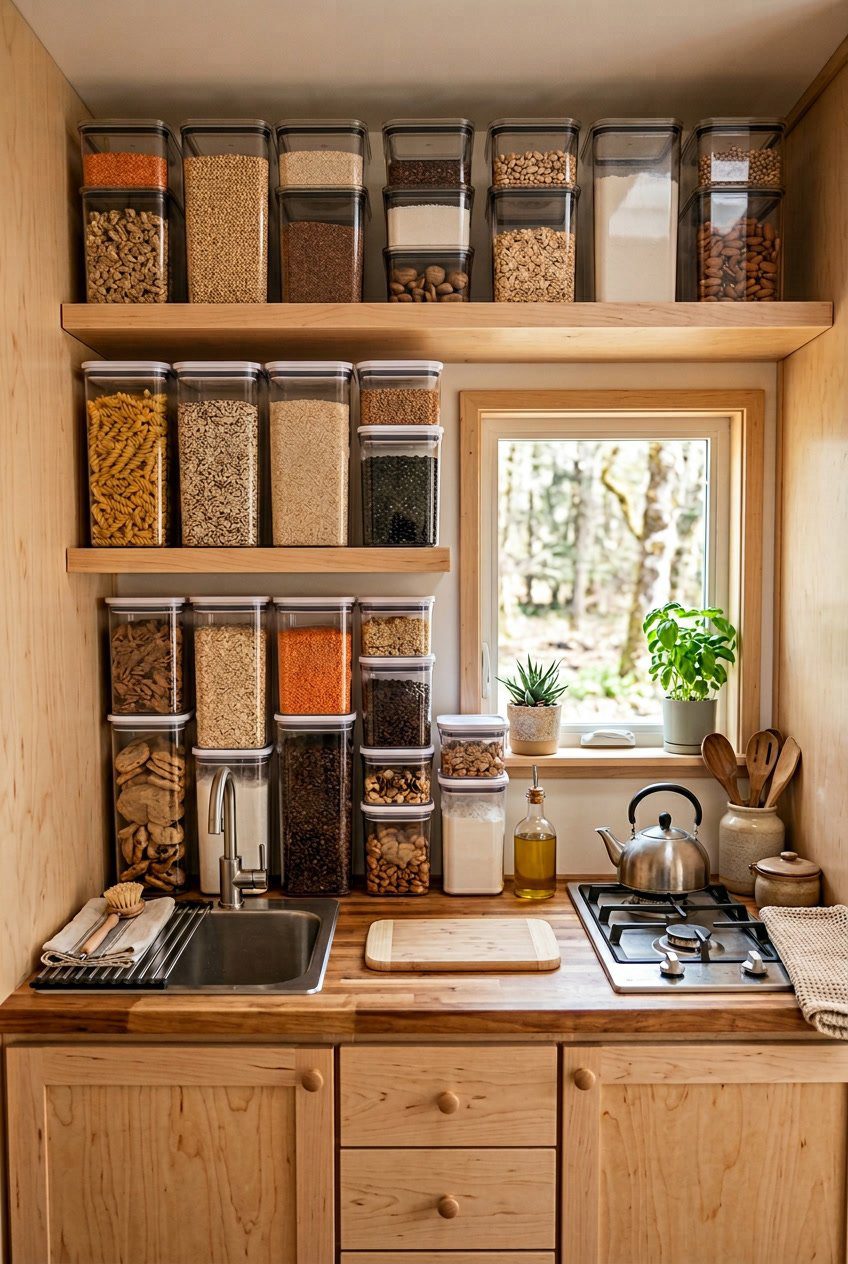 A small RV kitchen with stackable clear acrylic food storage bins neatly arranged on shelves and countertops, showing organized food storage in a compact space.