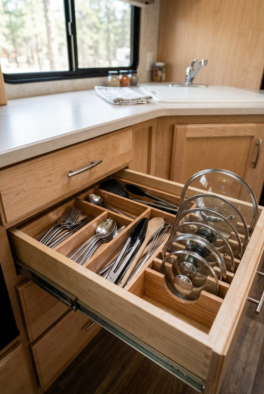 An open RV kitchen drawer with organized dividers holding utensils and pot lids in separate compartments.