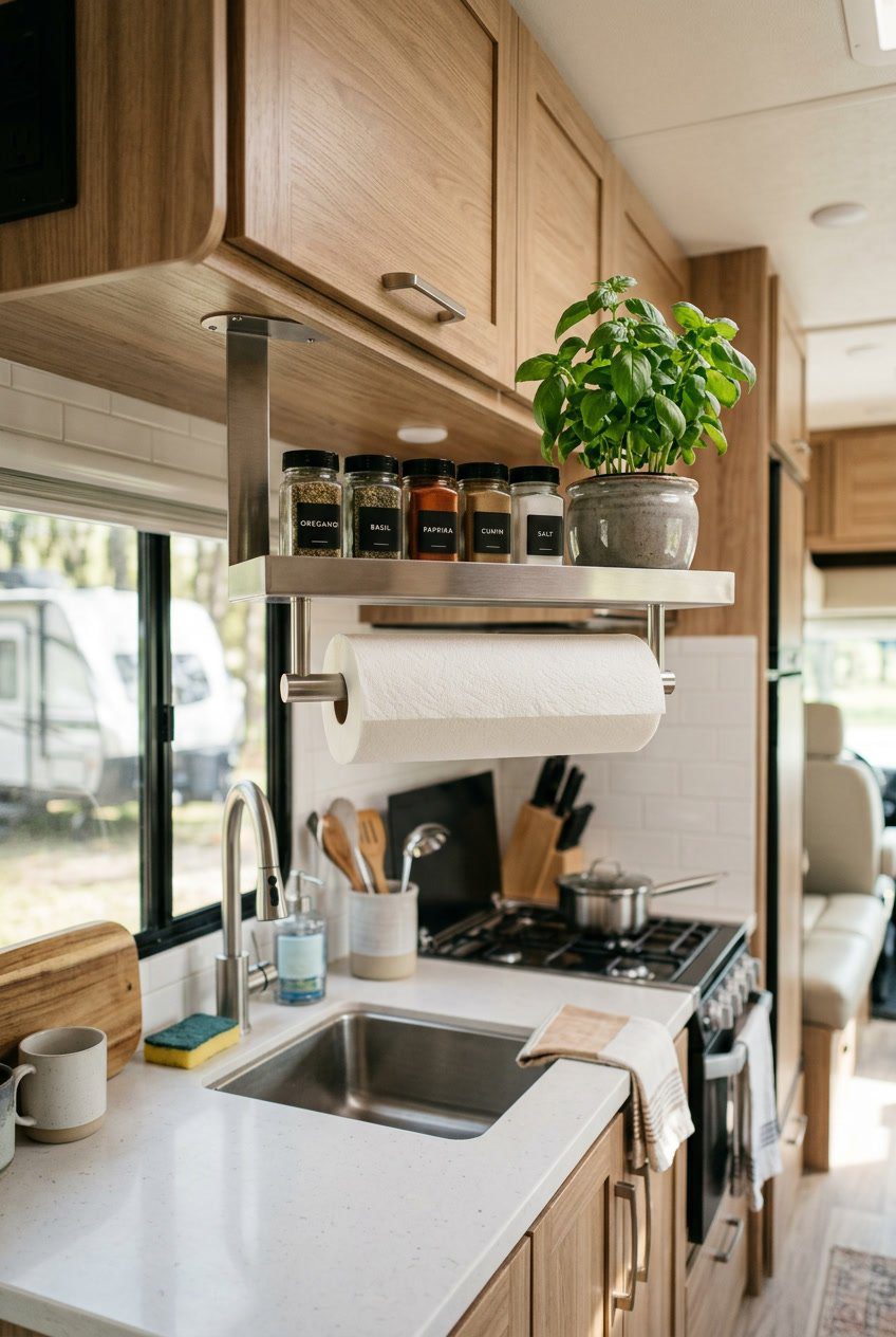 An RV kitchen countertop with an under-cabinet mounted paper towel holder featuring a shelf holding spice jars and a small plant.