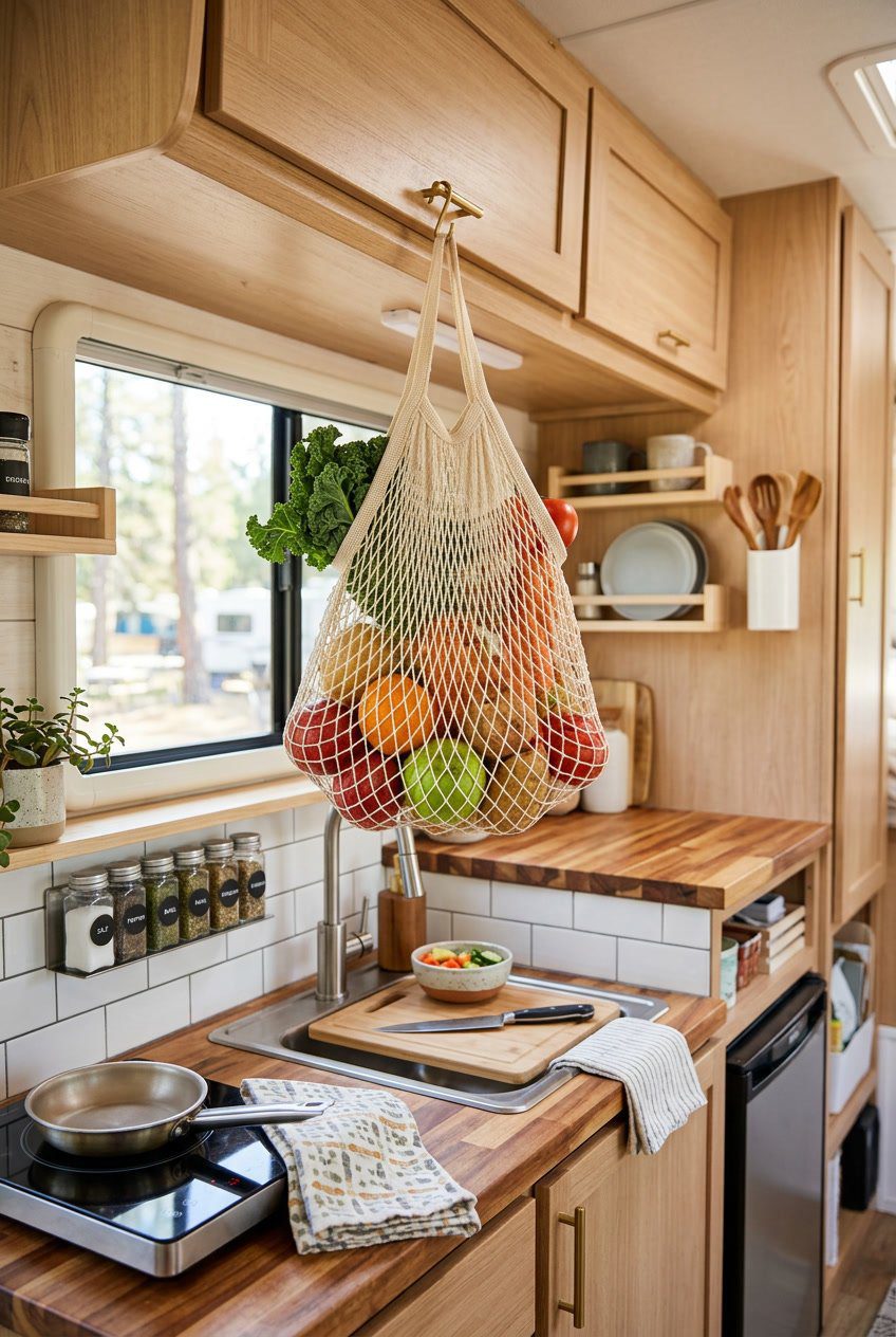 A small RV kitchen with a hanging mesh bag filled with fruits and vegetables, showing efficient storage in a compact space.