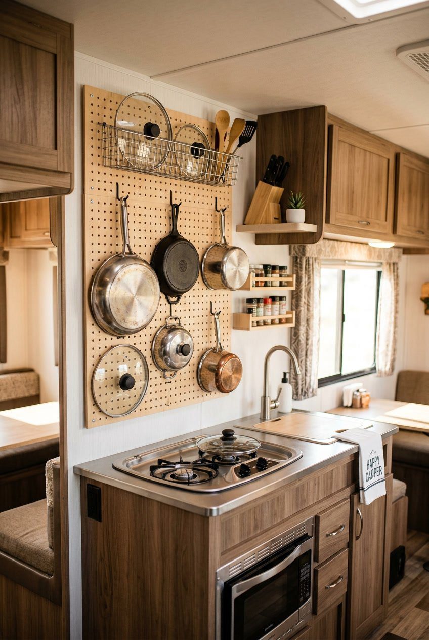 A compact RV kitchen with a pegboard wall organizer holding pots and pans neatly arranged on hooks.