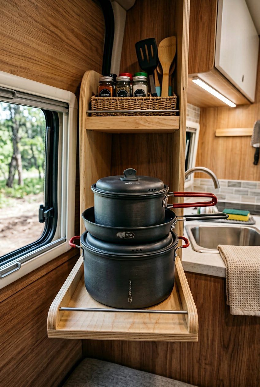 A compact nesting camping cookware set organized inside a small RV kitchen storage area with shelves and hooks.
