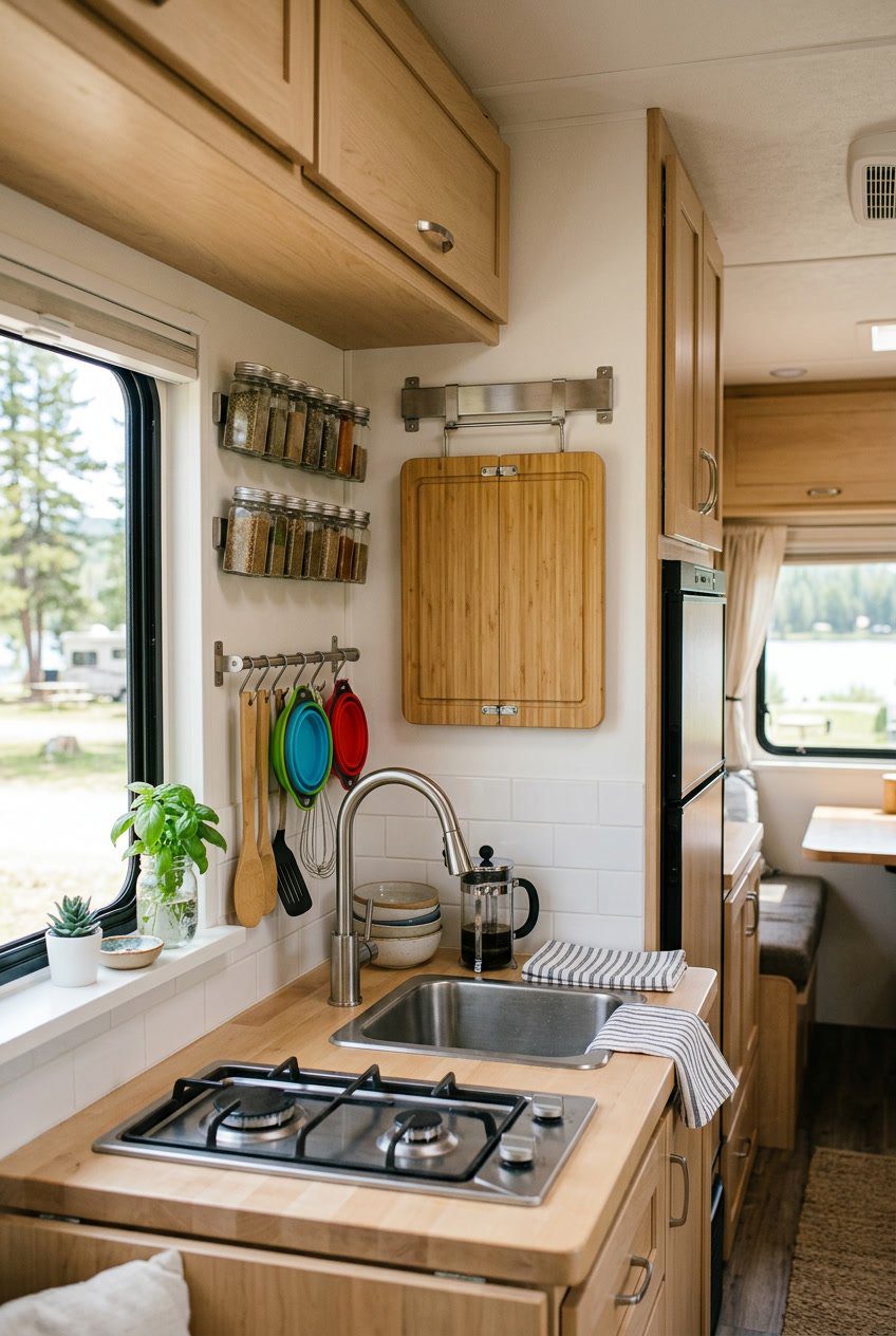 RV kitchen interior with a foldable cutting board hanging on the wall among other compact storage solutions.