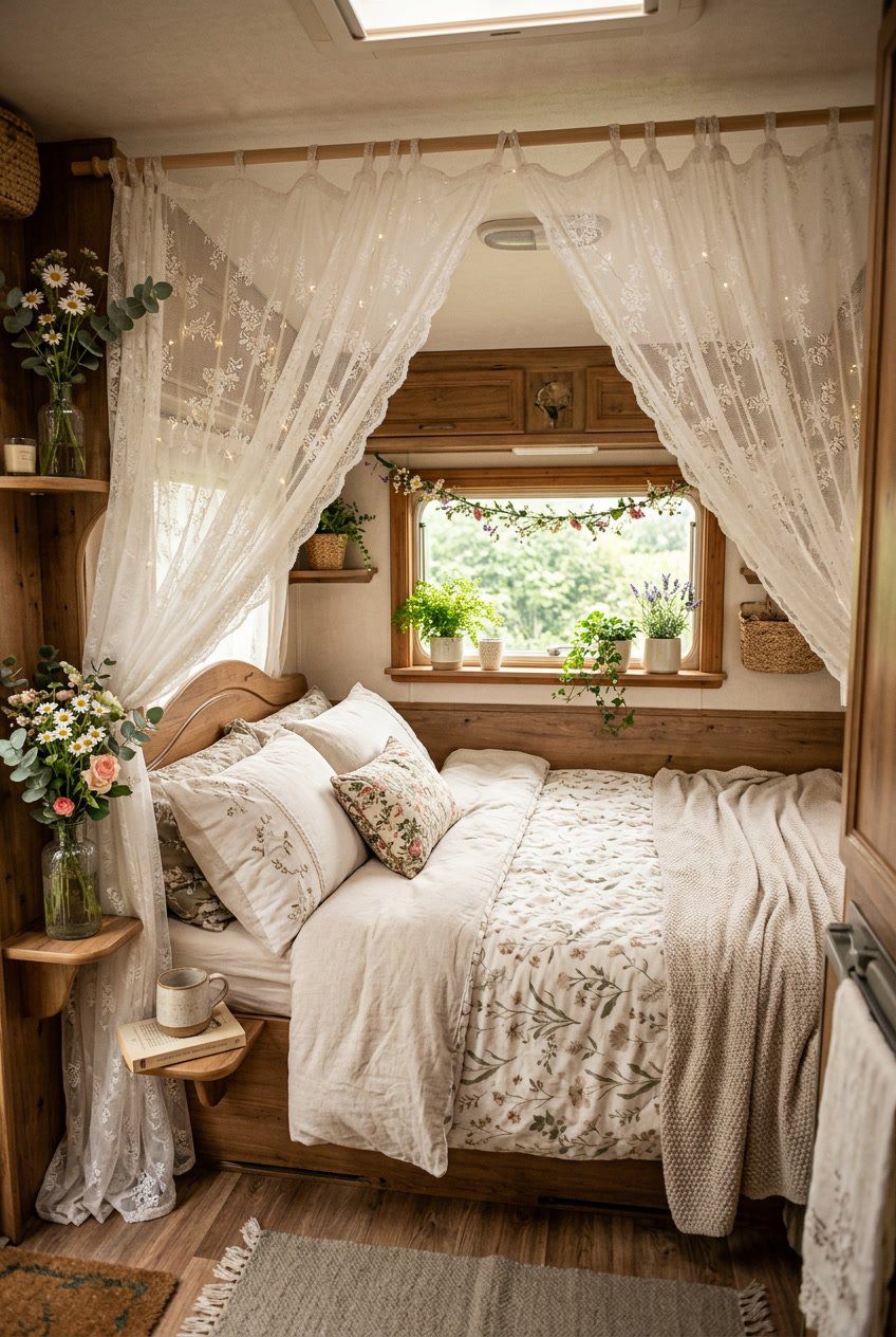 A camper bed with a sheer white lace canopy and floral decorations inside a cozy camper.