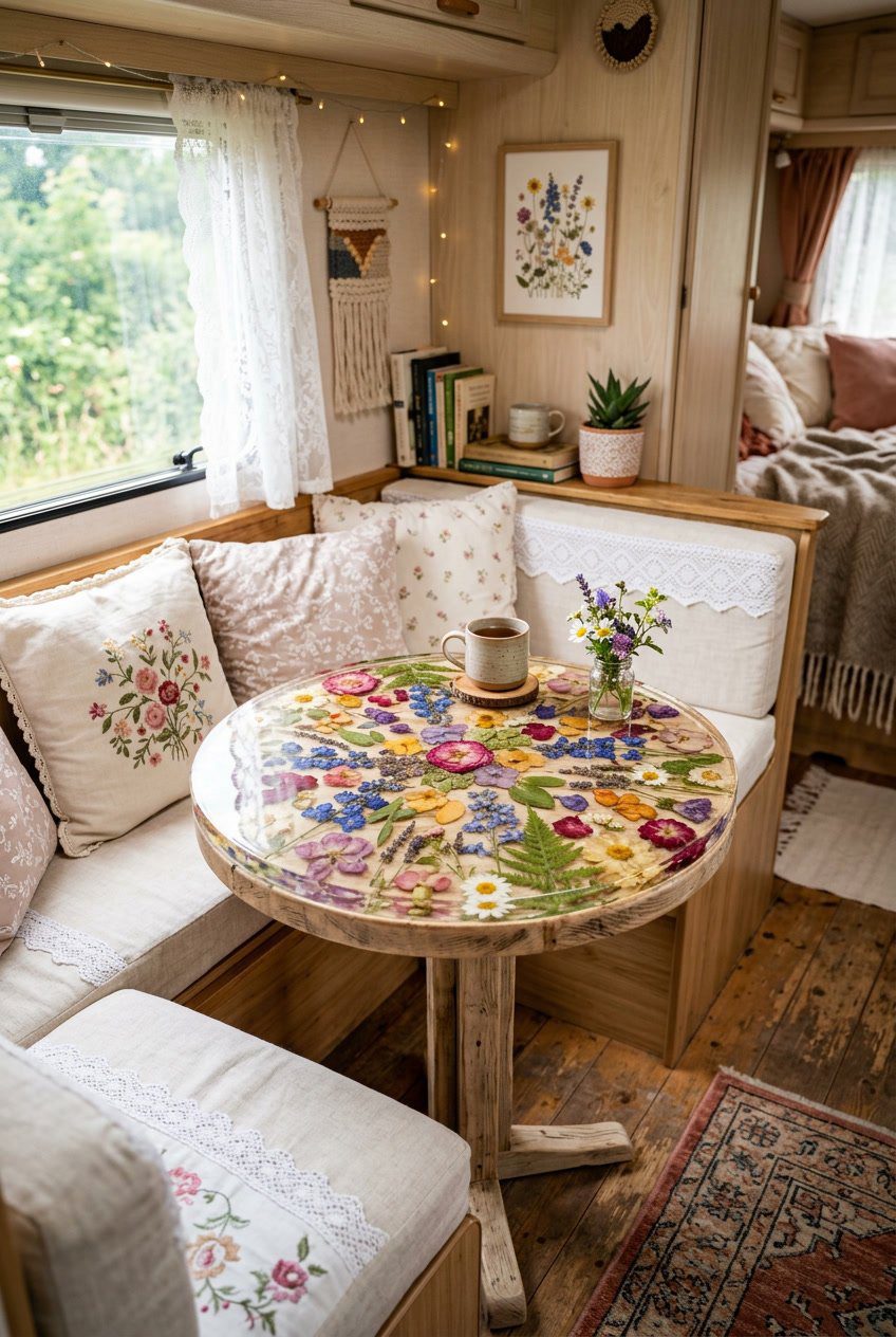 A camper interior featuring a resin table with pressed flowers embedded on its surface, surrounded by lace decorations and floral accents.