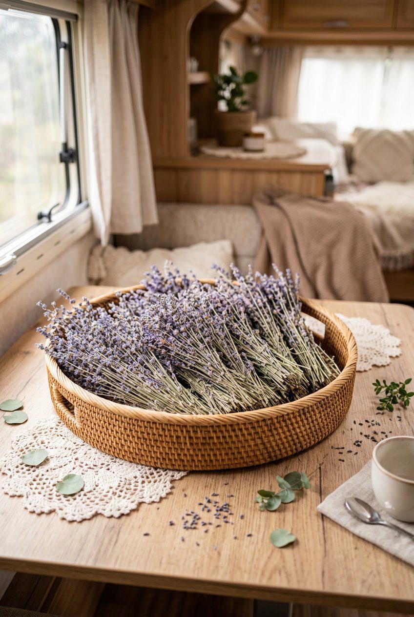 Woven rattan tray with dried lavender sprigs placed on a wooden surface with floral and lace decor elements around it.