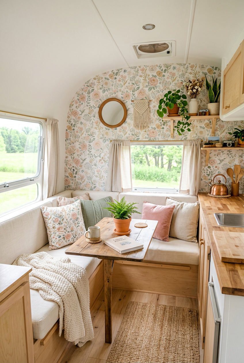 Interior of a camper decorated with floral patterned wallpaper, cozy cushions, plants, and wooden accents.