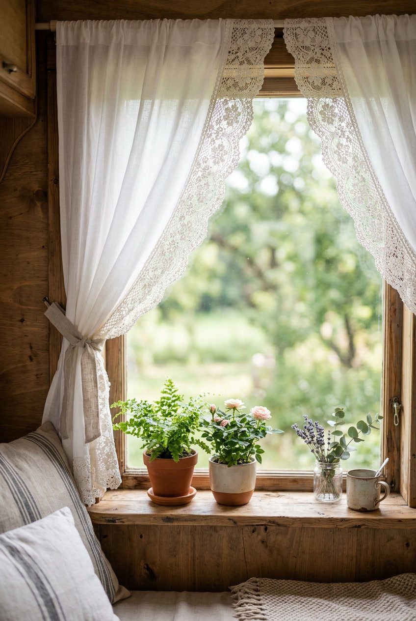 Lace-trimmed white cotton curtains hanging in a camper van window with floral decor and natural light.