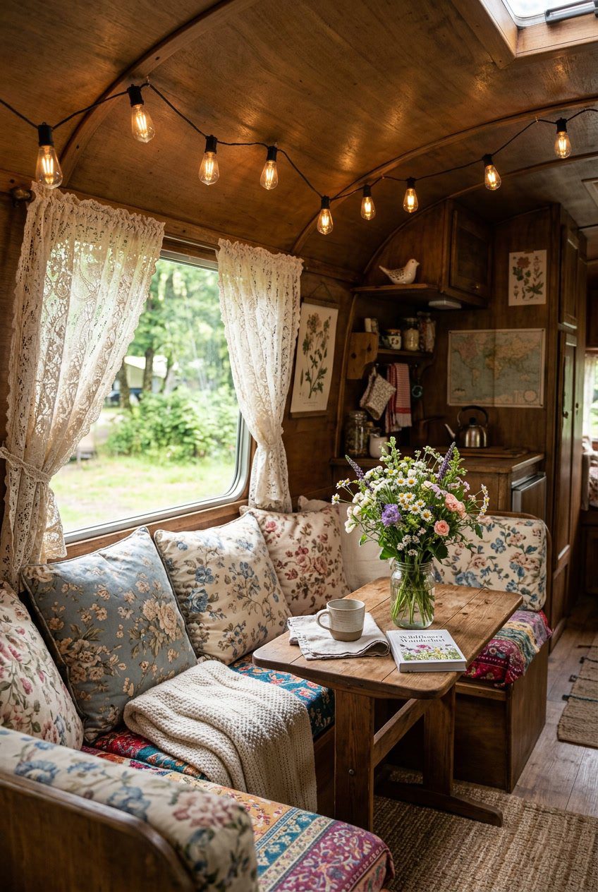 Interior of a camper decorated with lace curtains, floral cushions, Edison string lights, and a small table with fresh flowers.