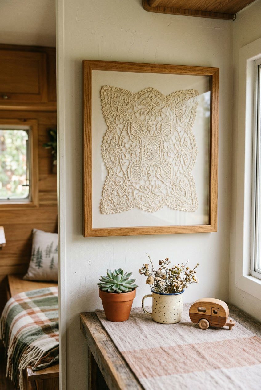 A framed antique lace doily displayed on a wall surrounded by small plants and camper-themed decorative items.