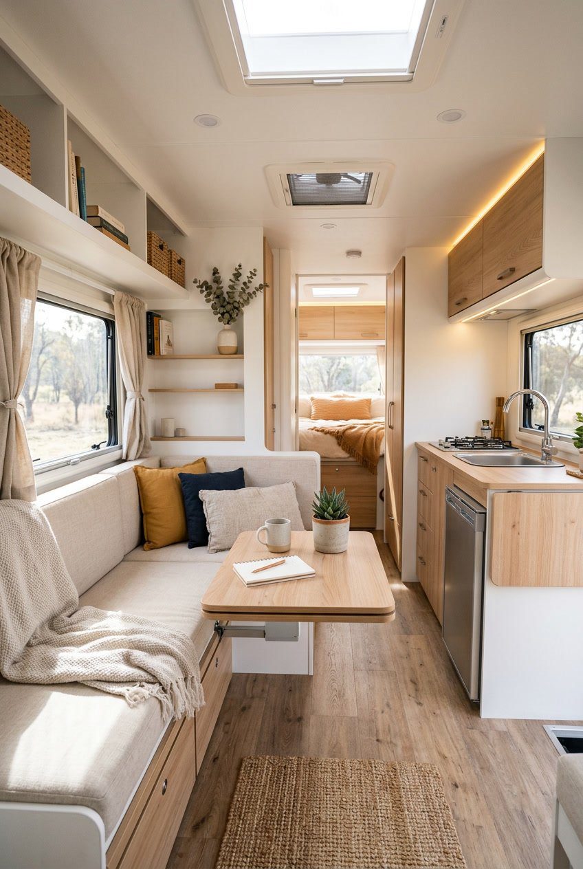 Interior of a small camper's living room with seating, a coffee table, windows, and storage, arranged to maximize space and light.