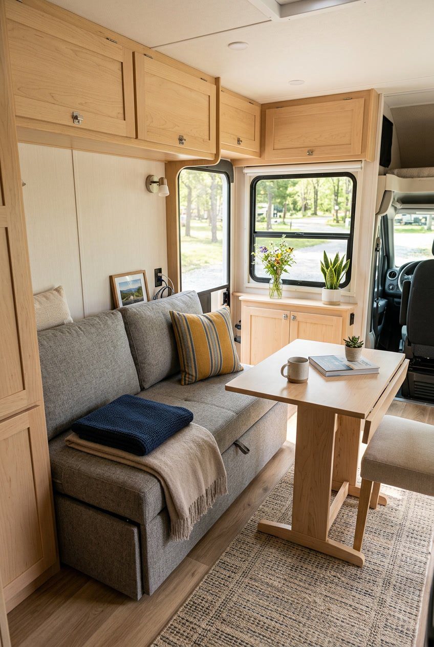 Compact RV living room with a tri-fold sleeper sofa used as seating and bed, surrounded by light wood cabinetry and natural light from windows.