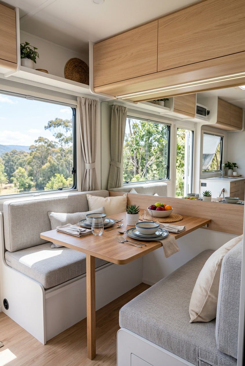A small RV dining area with a wooden table, cushioned seats, and a mirrored backsplash reflecting light to brighten the space.