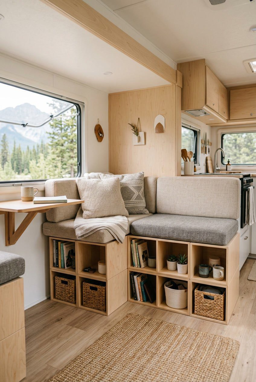 An RV living room with bench seating that has modular cube storage units underneath, filled with baskets and books, creating an organized and spacious feel.