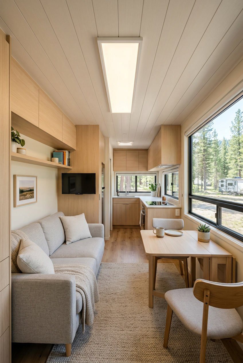 Interior of a small RV living room with a low-profile ceiling light, compact furniture, and large windows letting in natural light.