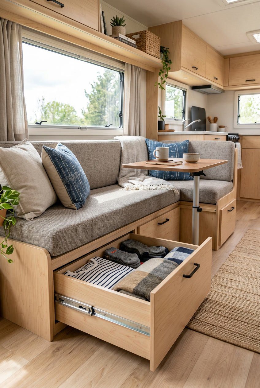 Small camper RV living room with a bench seat featuring open under-seat drawers and natural light.