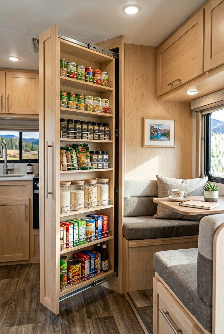 Interior of an RV living room showing a corner pull-out pantry with organized shelves and a cozy seating area nearby.