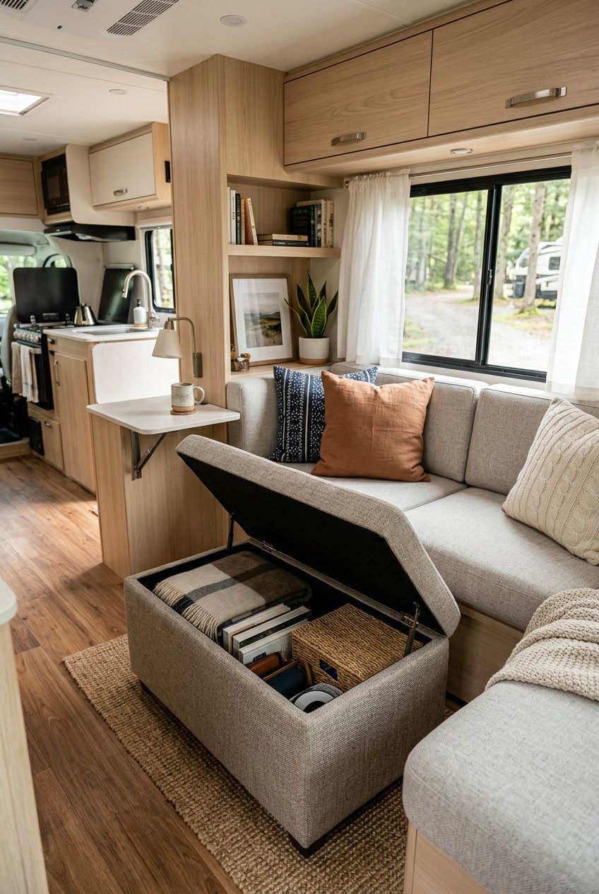 Small RV living room with a multi-functional ottoman open to show storage inside, surrounded by a sofa and built-in cabinets.