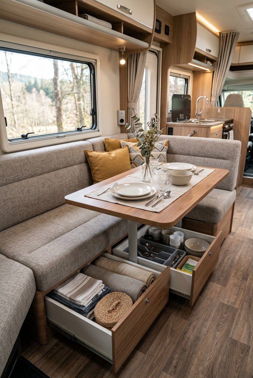 RV dining nook with a convertible bench that has open drawers underneath, showing storage space.