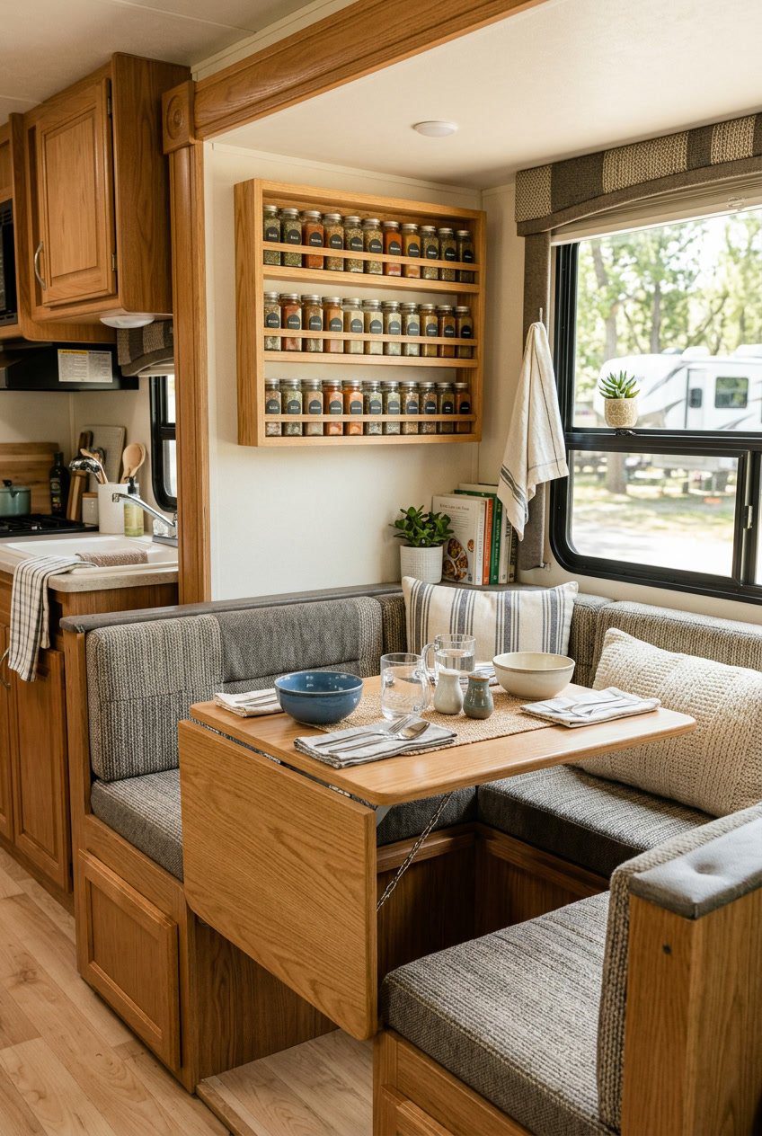 Compact RV dining nook with a fold-down wall-mounted table and a spice rack above, surrounded by cushioned seating.