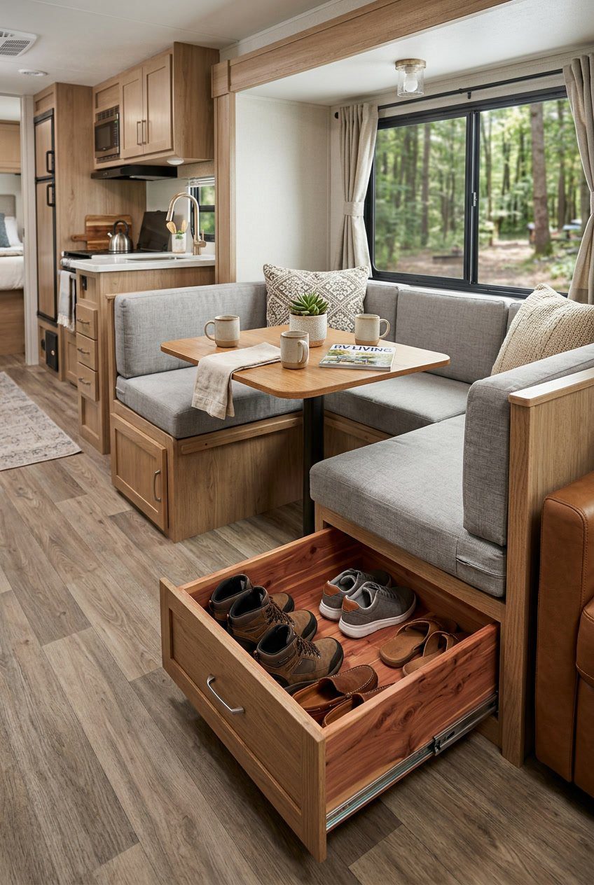 An RV dining nook with a built-in bench and an open slide-out shoe drawer lined with cedar wood, showing neatly stored shoes.