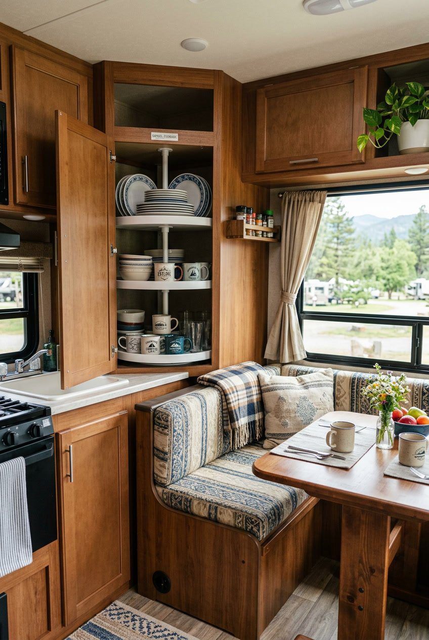 A corner carousel shelf in an RV dining nook holding dishes next to a small dining table with bench seating.