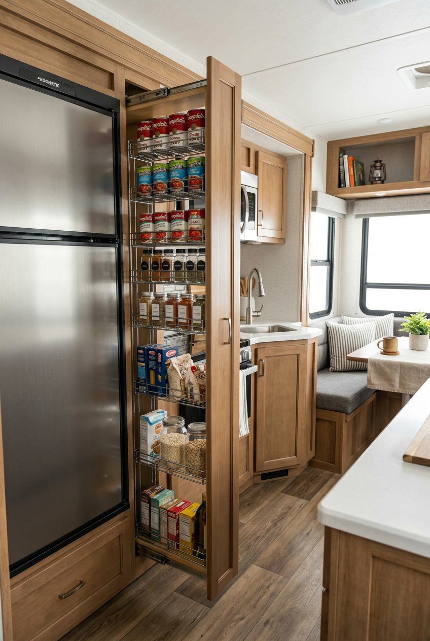 A pull-out pantry beside a refrigerator in an RV kitchen with a dining nook and seating area.
